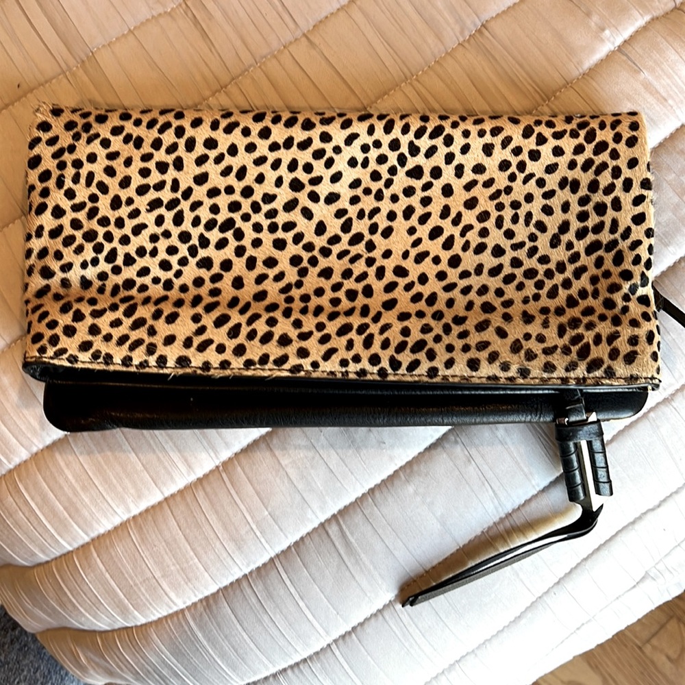 REVERSIBLE black leather/leopard print clutch/crossbody